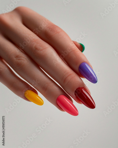 AI generated photo of a woman s hand with bright multicolored manicure on long almond nails. Isolated on white background