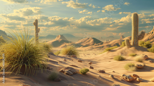 Desert landscape with cacti and sand dunes, hills and rocks, grasses and clouds in the sky, game art style banner.