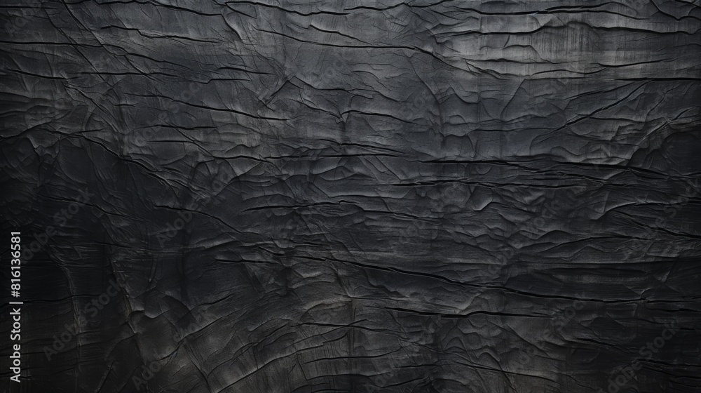 An expansive view of a black textured leather surface, depicting the unique wrinkles and patterns across its expanse An expansive view of a black textured leather surface, depicting the unique wrinkles and patterns across its expanse