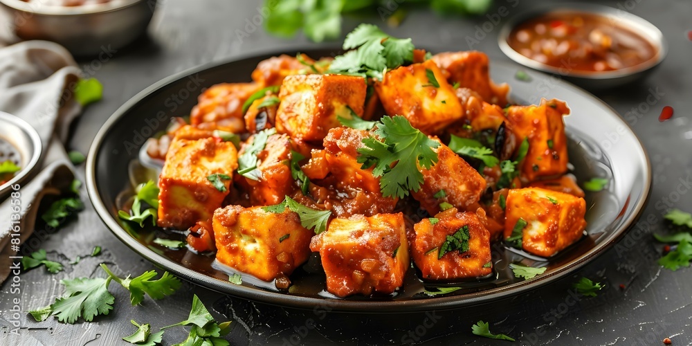 Paneer Cheese Cubes and Cilantro: A Delicious Indian Dish. Concept Indian Cuisine, Vegetarian Recipe, Easy Cooking Ideas Paneer Cheese Cubes and Cilantro: A Delicious Indian Dish. Concept Indian Cuisine, Vegetarian Recipe, Easy Cooking Ideas