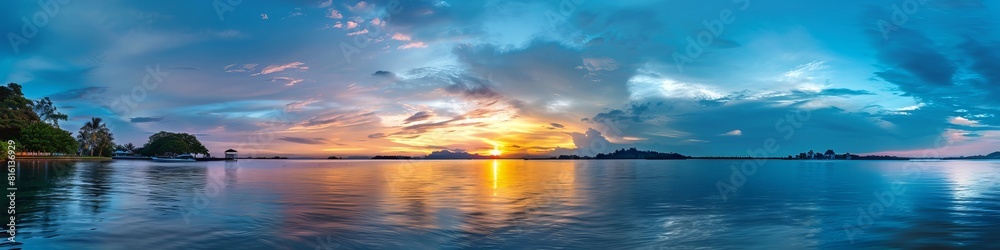 Stunning panoramic wallpaper of a sunset over a tranquil lake, poised to be a tranquil best seller background