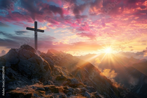 A cross on a mountain summit, sunrise painting the sky.