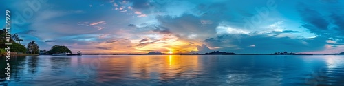 Stunning panoramic wallpaper of a sunset over a tranquil lake  poised to be a tranquil best seller background