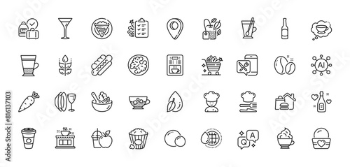 Coffee shop, Cooking chef and Takeaway coffee line icons pack. AI, Question and Answer, Map pin icons. Gluten free, Walnut, Cappuccino cream web icon. Carrot, Peas, Food delivery pictogram. Vector