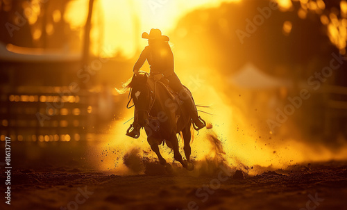 A Cowgirl, rodeo rider, equestrian. A woman wearing a cowboy hat on horseback is silhouetted by the sun, riding at full gallop, , the dust from the prairie creates a dramatic cloud behind her. 