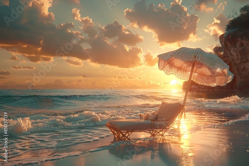 A luxurious sun chair with a pearl-embellished umbrella, set against a sunset on a secluded beach photo