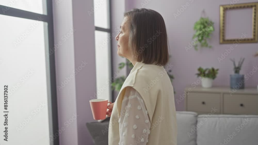Mature woman holding cup indoors, contemplating in a modern living room with plants and natural light Mature woman holding cup indoors, contemplating in a modern living room with plants and natural light