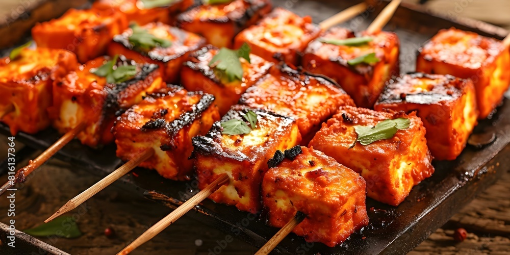 Grilled tandoori paneer tikka with vegetarian marination. Concept Tandoori Paneer, Vegetarian Grilled Dish, Marinated Indian Cuisine Grilled tandoori paneer tikka with vegetarian marination. Concept Tandoori Paneer, Vegetarian Grilled Dish, Marinated Indian Cuisine