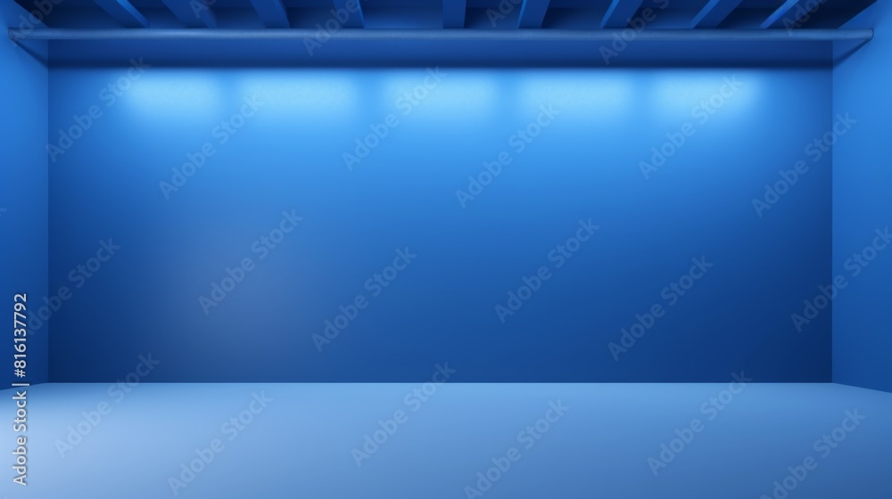 A modern minimalistic empty blue room illuminated by stylish ceiling lights, perfect for displays or events A modern minimalistic empty blue room illuminated by stylish ceiling lights, perfect for displays or events