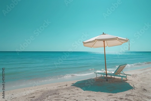 A minimalist white sun chair with a billowing linen umbrella  casting a cool shadow on a beach of pristine white sand. Blazing summer sun beats down on the turquoise ocean in the distance.