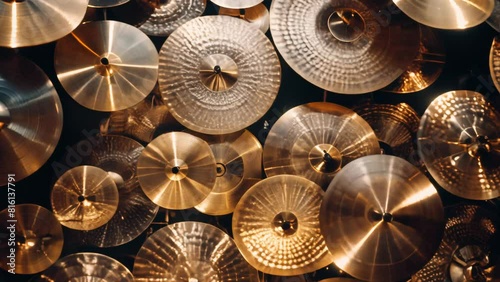 Close-up of multiple shiny metal cymbals hanging together. Music and performance concept for design and print photo