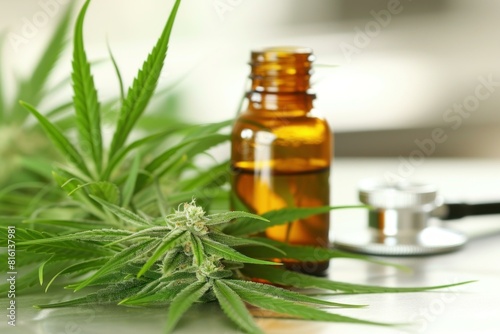 Closeup image of a cannabis plant, oil bottle, and stethoscope showcasing alternative medicine