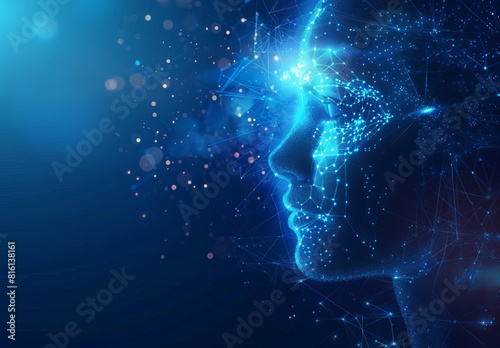 This striking image captures a digital human face mesh with sparkling network connections, perfect as an abstract wallpaper and top-selling background