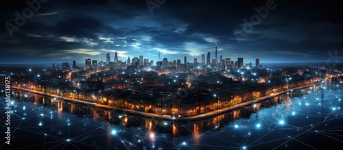 Night city background with wireless skyline Network and Connection technology