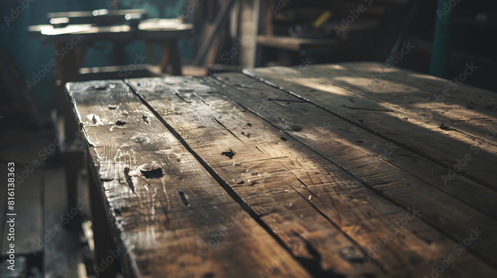 Worn old wooden table and workshop interior Retro vintage photo of background and mockup Sun light and dark shadows : Generative AI