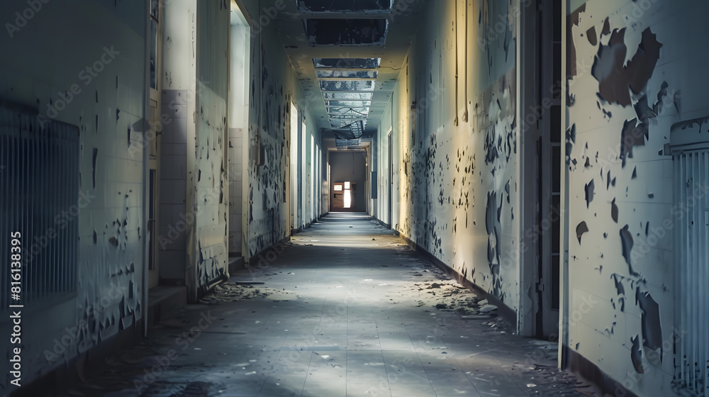 Fototapeta premium Dirty Hallway in an Abandoned Building : Generative AI