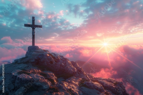 A cross on a mountain summit, sunrise painting the sky.