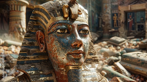 A statue of a man with a gold headdress and blue and brown paint on his face