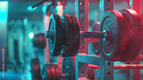 Modern light gym Sports equipment in gym Barbells of different weight on rack : Generative AI