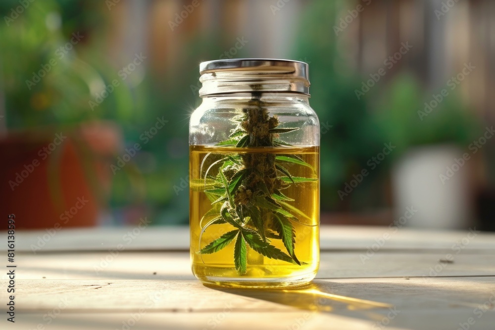 Sunlit glass jar with cannabis leaves infused in oil, set on a wooden surface Sunlit glass jar with cannabis leaves infused in oil, set on a wooden surface