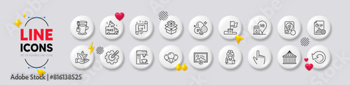 Recovery hdd, Ice creams and Coffee maker line icons. White buttons 3d icons. Pack of Settings gear, Packing boxes, Tea icon. Petrol station, Winner flag, Architectural plan pictogram. Vector