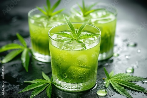 Chilled green drinks garnished with marijuana leaves on a wet black background photo
