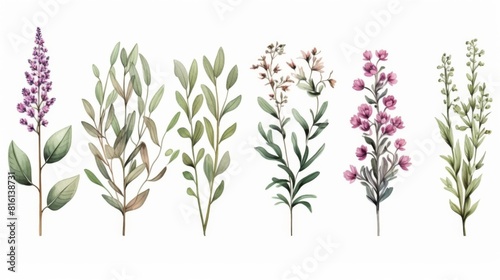 A collection of botanical illustrations featuring various colorful leaves and flowering plants arranged in an orderly sequence