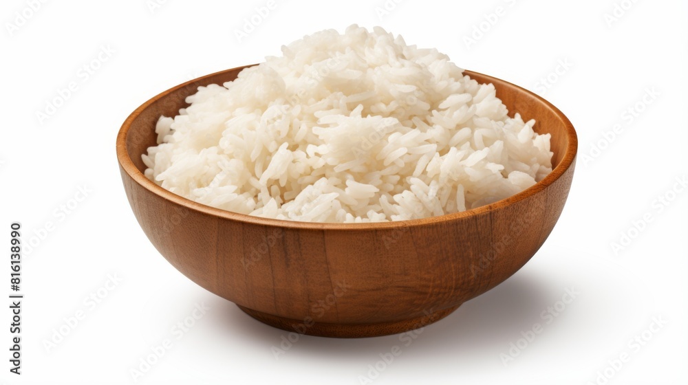 An inviting image of a round wooden bowl filled with fluffy cooked white rice on a spotless white background An inviting image of a round wooden bowl filled with fluffy cooked white rice on a spotless white background