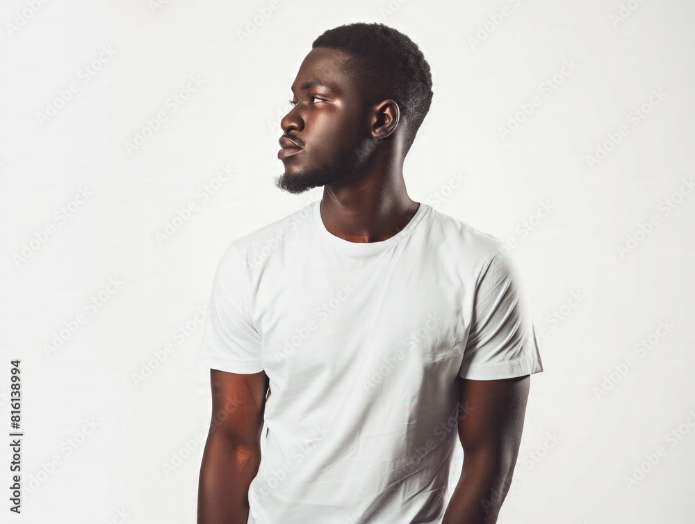 Confident young man in a white t-shirt looking sideways against a plain white background Confident young man in a white t-shirt looking sideways against a plain white background