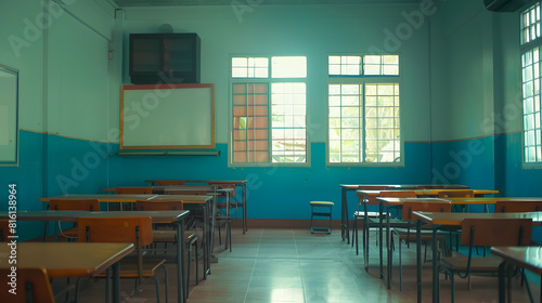 Lecture room or School empty classroom with desks and chair iron wood for studying lessons in high school thailand interior of secondary education with whiteboard vintage tone educatio : Generative AI