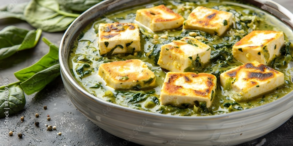 Delicious Indian Palak Paneer: A Traditional Spinach and Cheese Dish. Concept Indian Cuisine, Palak Paneer Recipe, Vegetarian Delight, Cooking at Home, Spinach and Paneer Dish Delicious Indian Palak Paneer: A Traditional Spinach and Cheese Dish. Concept Indian Cuisine, Palak Paneer Recipe, Vegetarian Delight, Cooking at Home, Spinach and Paneer Dish