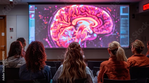 A group of people are watching a brain scan on a large screen