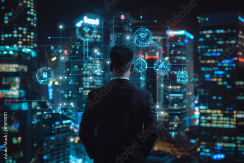 A man in a suit looks at a screen that says wifi