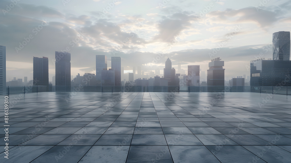 Perspective view of empty concrete tiles floor of rooftop with city skyline Morning scene : Generative AI