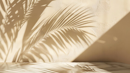 Tropical palm tree shadow on cream wall and luxury marble table for product placement Natural layout design background Abstract summer light cosmetic stand mockup : Generative AI