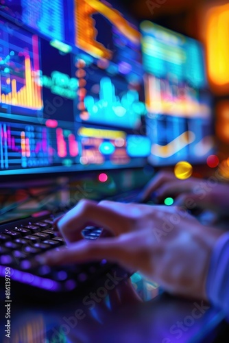 Hands at a keyboard background computer screens showing technical graphs and data