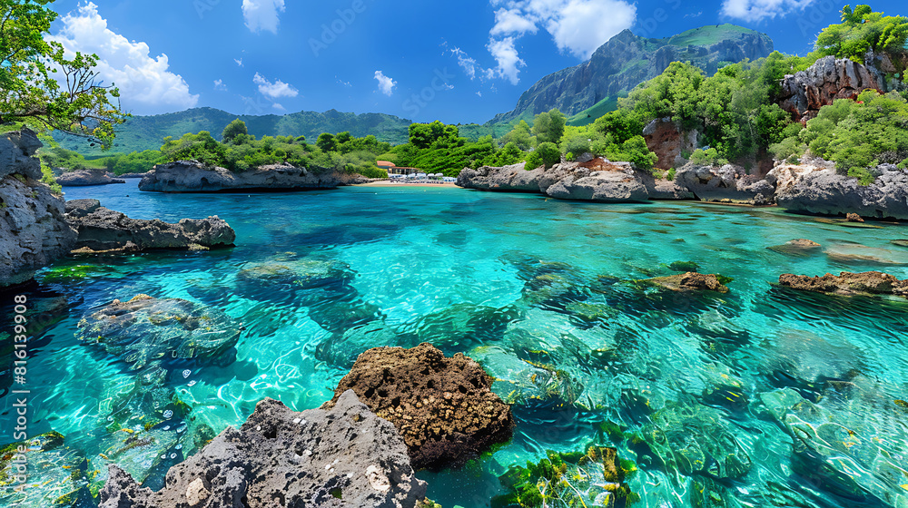 Obraz premium Tropical island and coral reef - split view along the waterline