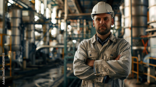 An engineer stands against the background of a factory with his arms crossed and looks into the lens. A worker stands at a factory in overalls and a protective helmet.