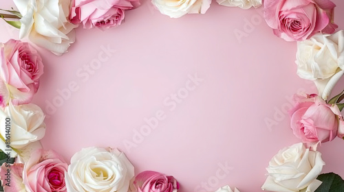 Delicate pink rose flowers on a pink background. Delicate card with roses with space for a banner. © PhotoFed