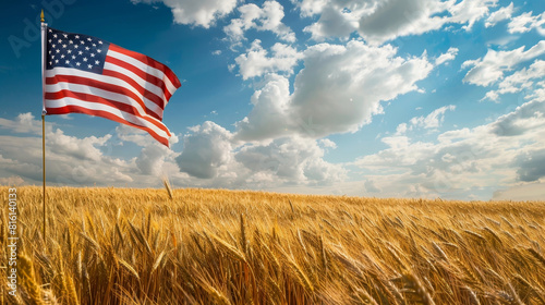 American Flag Billowing in a Ripening Barley Field A Rural Emblem of Independence photo