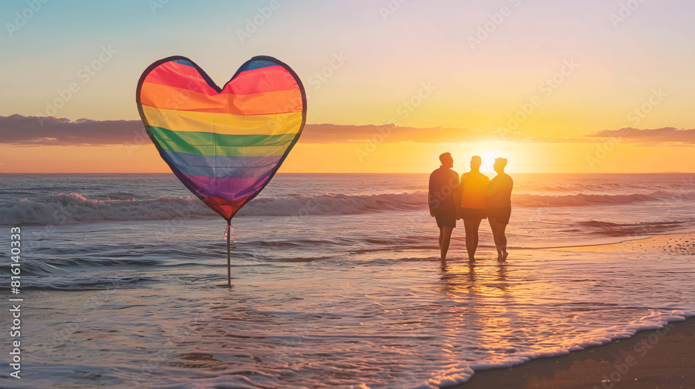 Romantic sunset beach with pride flag. Serene beach scene with a couple holding a large pride flag during a colorful sunset, showcasing love and equality by the ocean. AI generative..