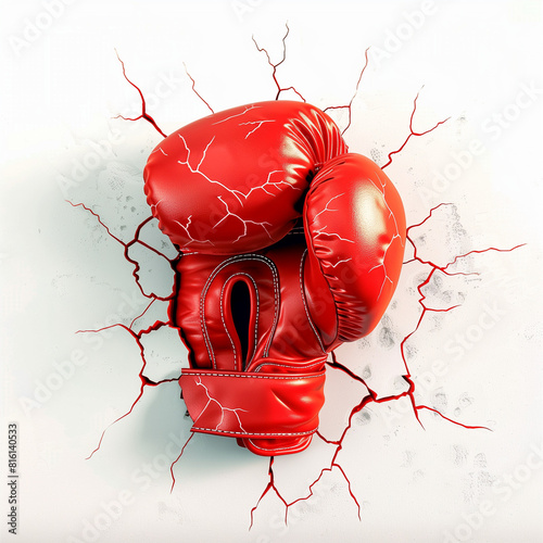 3D illustration of a red boxing glove breaking through a wall, in the sticker style, on a white background, with neon colors, in the hyper realistic, super detailed style.


