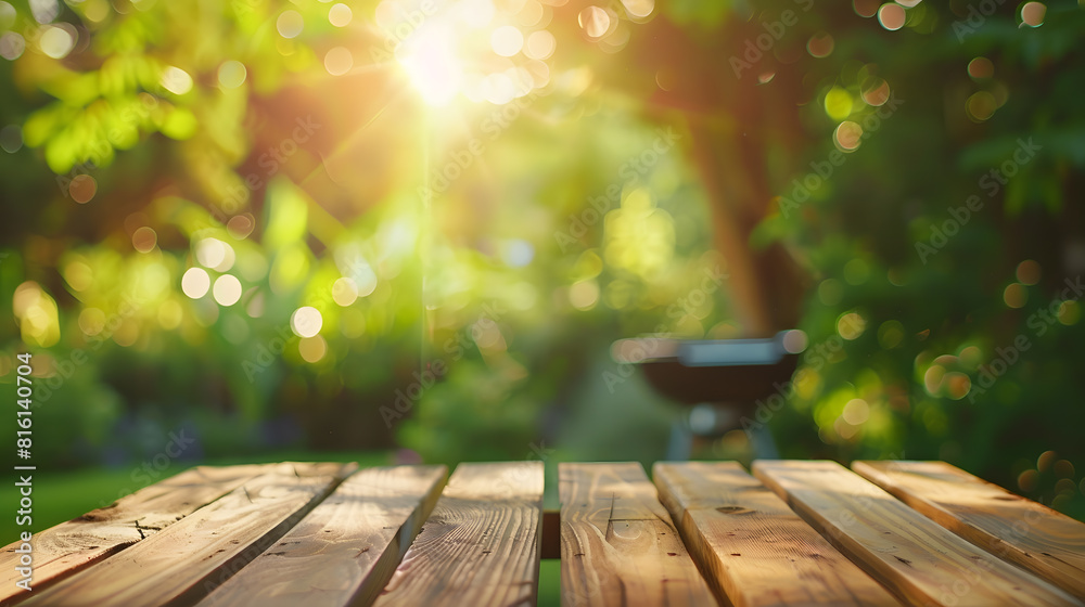 summer time in backyard garden with grill BBQ wooden table blurred background : Generative AI summer time in backyard garden with grill BBQ wooden table blurred background : Generative AI