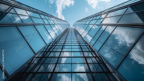 Tall glass buildings in the city, blue sky, and clouds