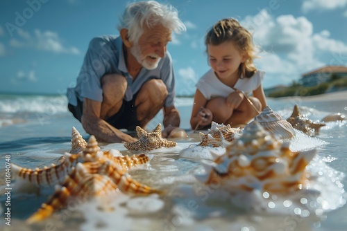 Grandparents and grandchildren collecting seashells on a pristine beach