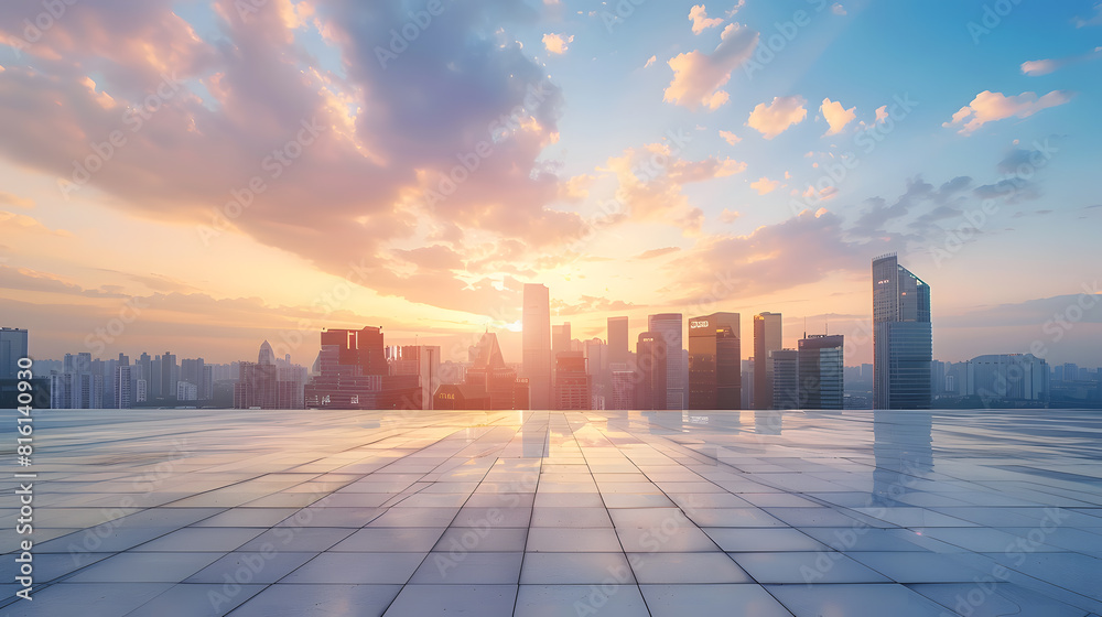 Empty square floor and city skyline with sky clouds at sunset : Generative AI Empty square floor and city skyline with sky clouds at sunset : Generative AI