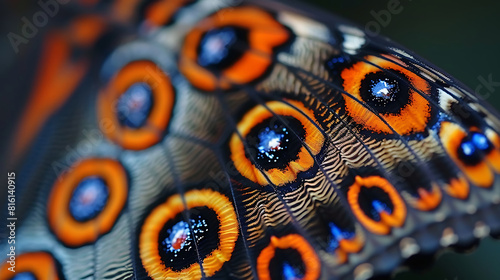 Close-up of butterfly wings with blue and orange colors on the wings and black background
