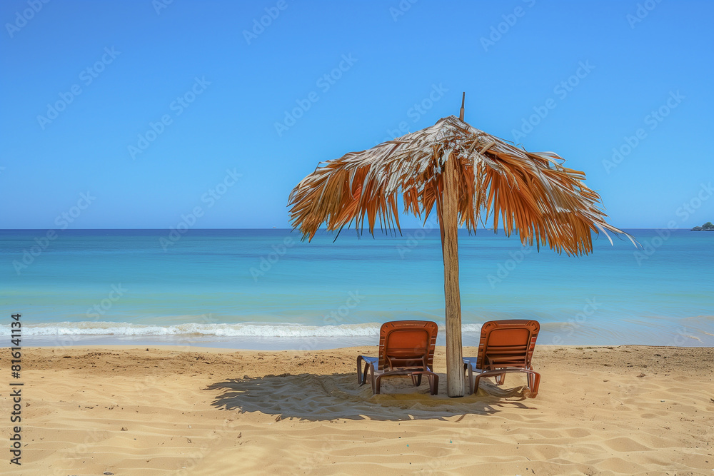 Two empty seats under a palm leaf parasol stand on a sandy beach