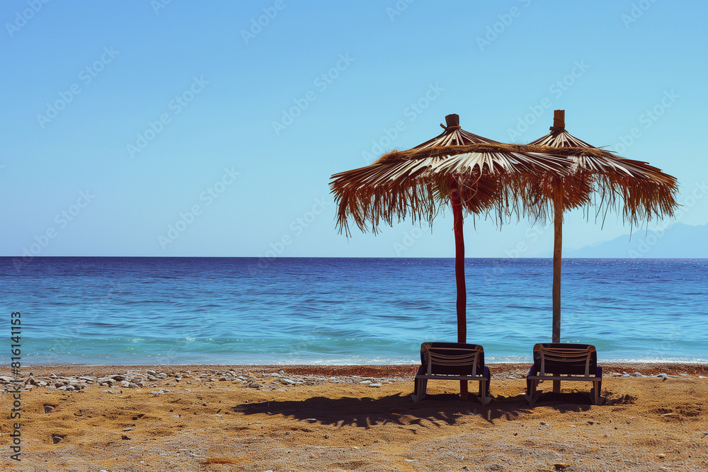 Two empty seats under a palm leaf parasol stand on a sandy beach Two empty seats under a palm leaf parasol stand on a sandy beach