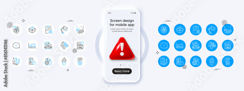 Deflation, Creativity and Pickup line icons. Phone mockup with 3d danger icon. Pack of Trade chart, Orange juice, Open box icon. Recovery ssd, Qr code, Vip shopping pictogram. Vector